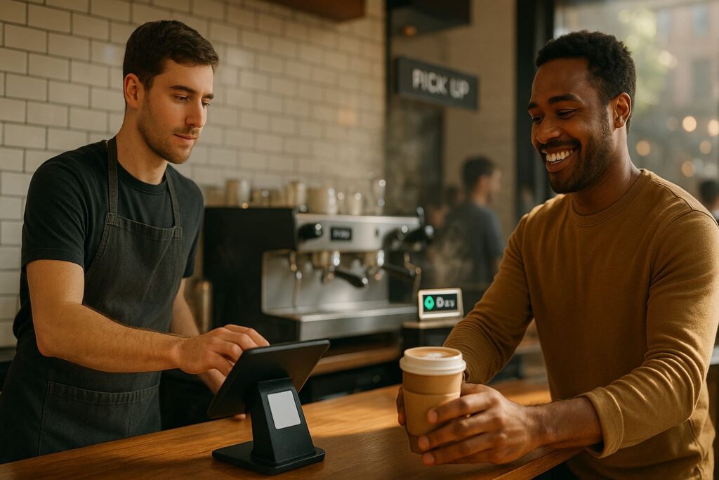 A man in a coffee shop receiving a coffee he has purchased rapidly using online ordering.