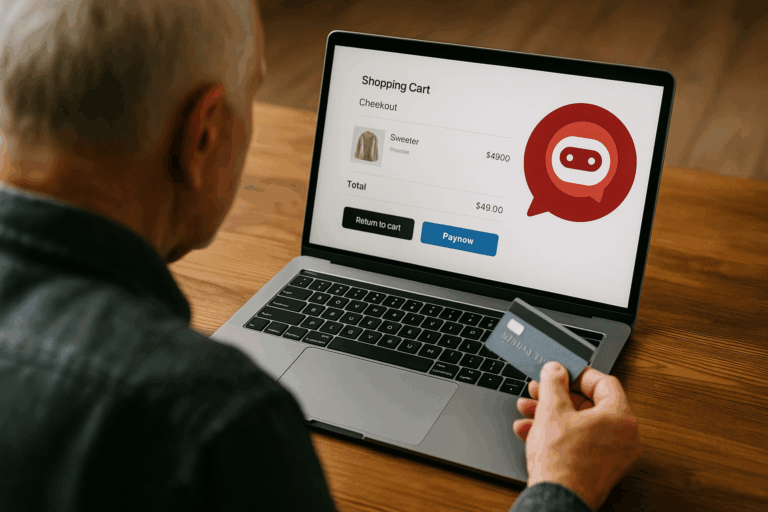 An elderly man presenting credit card details and seeing a chatbot logo on the screen of his laptop computer.