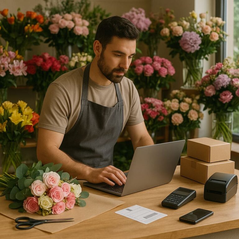 A store owner processing online orders and digital payments in a florist shop context.