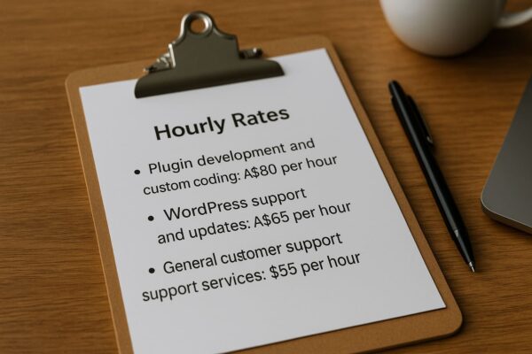 Plugin development and custom coding: A$80 per hour WordPress support and updates: A$65 per hour General customer support services: A$55 per hour