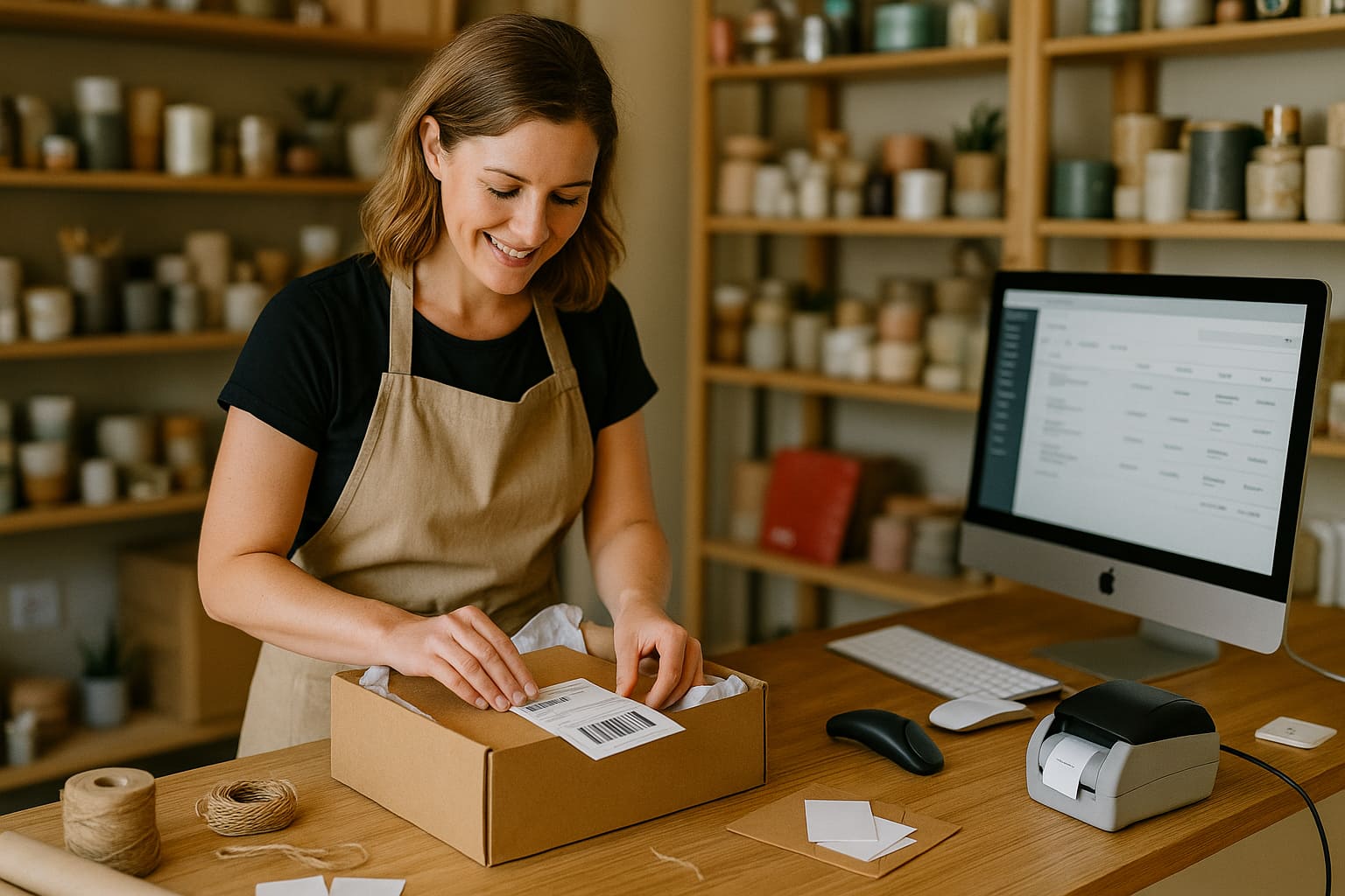 A small business owner preparing a package for shipping using online selling tools.