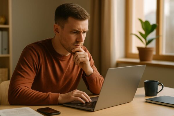 Small business owner in a warm, sunlit home office pausing before clicking an email link on a laptop.