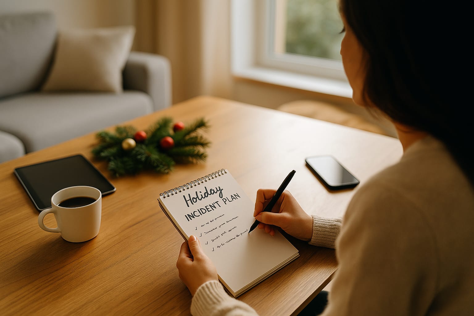Small business owner sitting at a wooden desk with a laptop and coffee cup, reviewing a blurred checklist before the Christmas break. Soft festive lighting, calm natural tone.