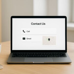 A laptop or desktop computer front-facing, showing a simple contact page with phone, email, and map icons.