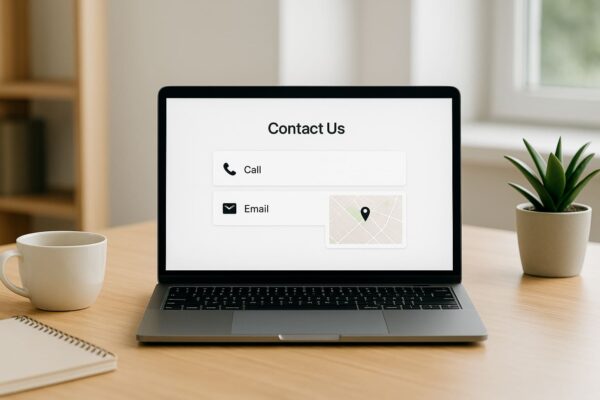 A laptop or desktop computer front-facing, showing a simple contact page with phone, email, and map icons.