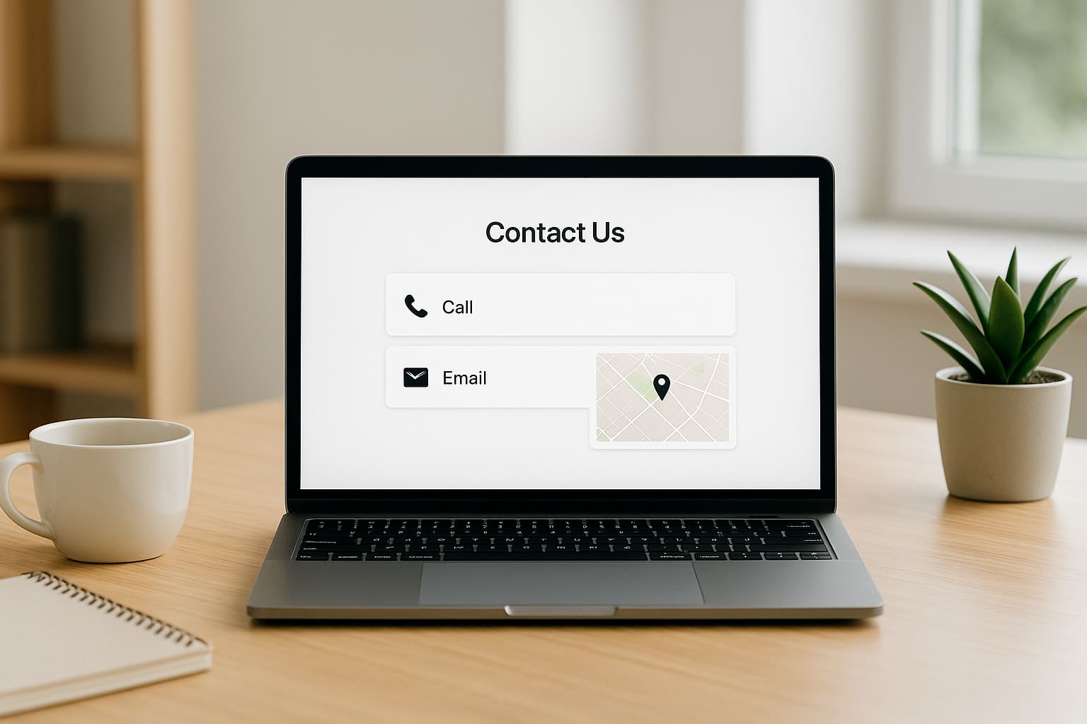 contact-page-mistakes A laptop or desktop computer front-facing, showing a simple contact page with phone, email, and map icons.