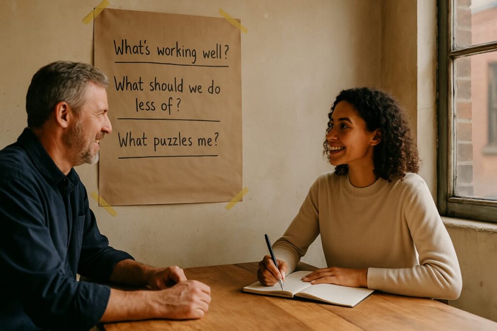 Two small business owners sit together in a casual workspace, discussing plans while reviewing handwritten notes on a sheet of paper, capturing the feel of a relaxed year-end planning session.