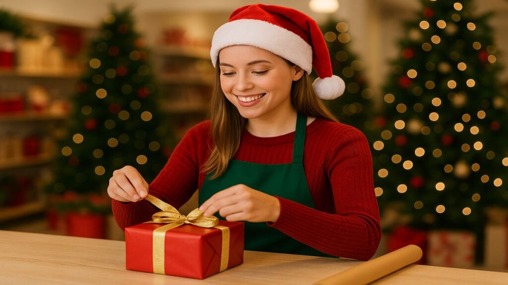 Smiling sales assistant dressed in Christmas colours wrapping a red gift with gold ribbon in a festive shop.