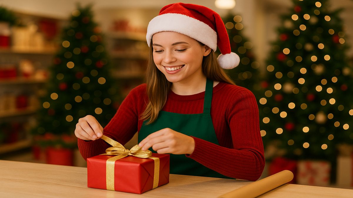 Smiling sales assistant dressed in Christmas colours wrapping a red gift with gold ribbon in a festive shop.