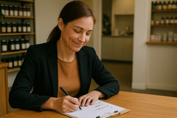 A woman sitting at a wooden table in a small business workspace, quietly writing on a clipboard with a neutral, focused expression, shelves of products visible behind her.