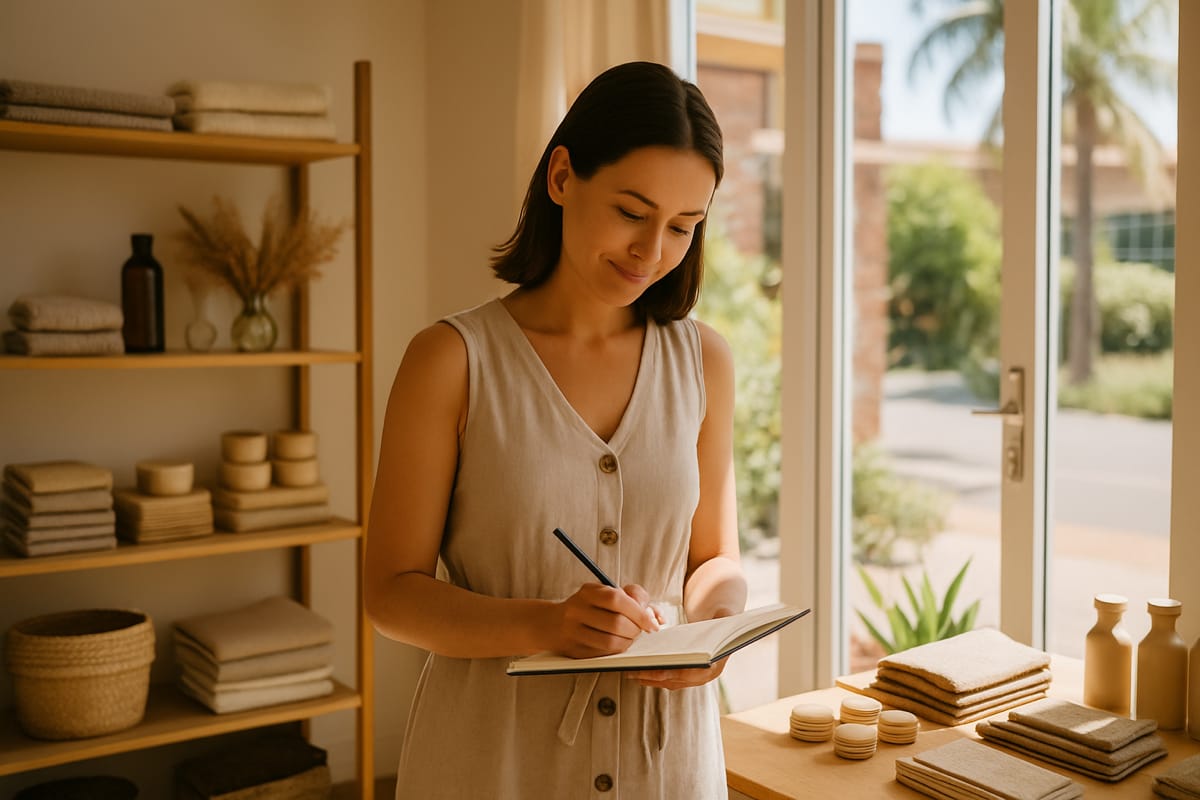 A small business owner in a bright, sunlit shop reviews notes at the counter, with neatly arranged products behind her, captured in a calm and focused moment at the start of the new year.