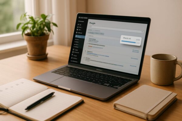 A photorealistic image of a calm workspace with a laptop on a wooden desk, displaying a progress bar for updates. A notebook, coffee mug and potted plant sit nearby in warm natural light.