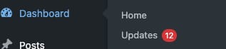 an image of a WordPress Dashboard showing 12 updates.