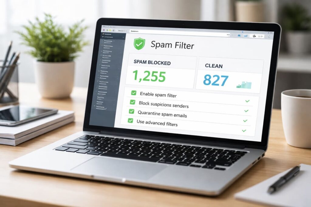 Spam filtering on a laptop screen, removing junk messages