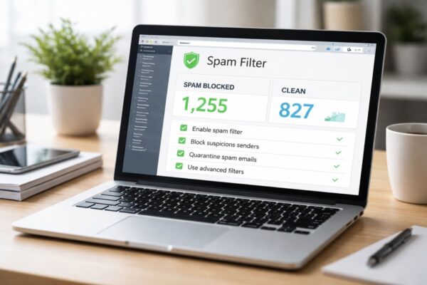 Spam filtering on a laptop screen, removing junk messages