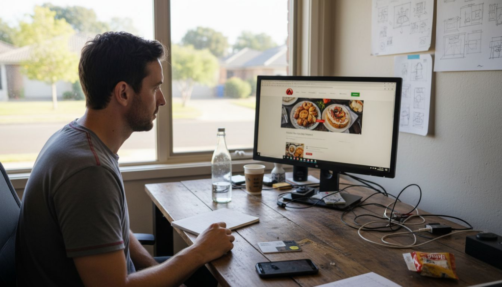 Canberra web designer working at cluttered desk