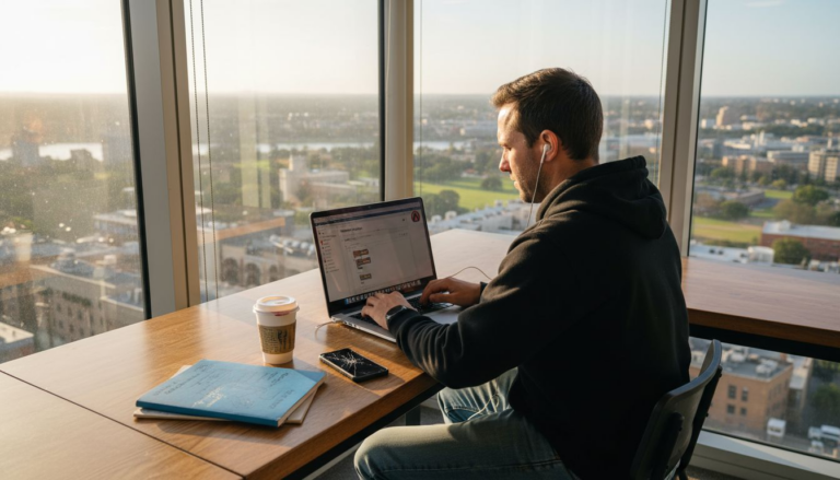 Freelancer managing WordPress site by window