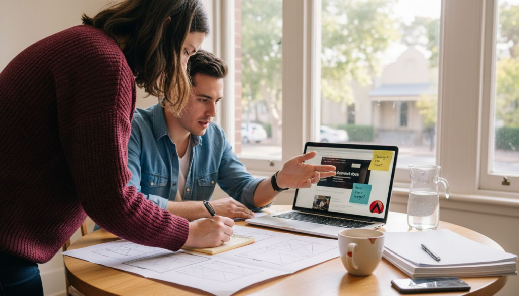 Business owner and designer discussing website project