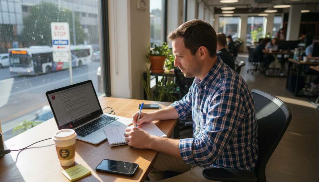 Canberra business owner reviews website in office