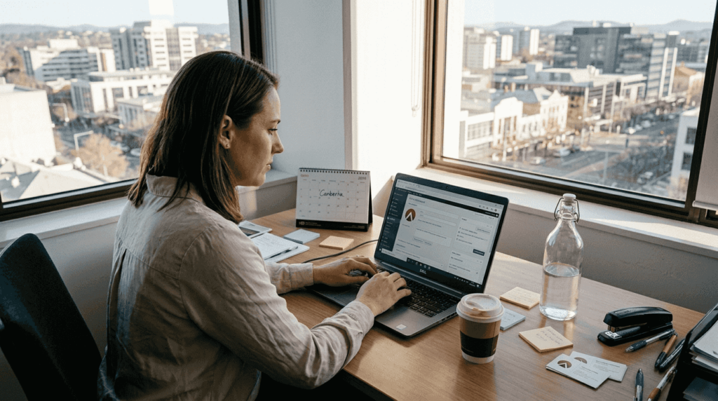 Canberra business owner at WordPress setup in office