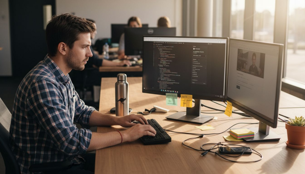 WordPress plugin developer working at office desk