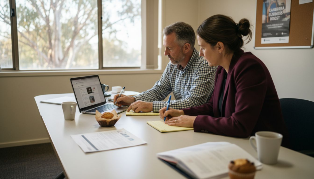 Canberra business owners reviewing website at table