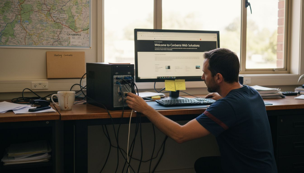 Canberra business owner working with web hosting desktop