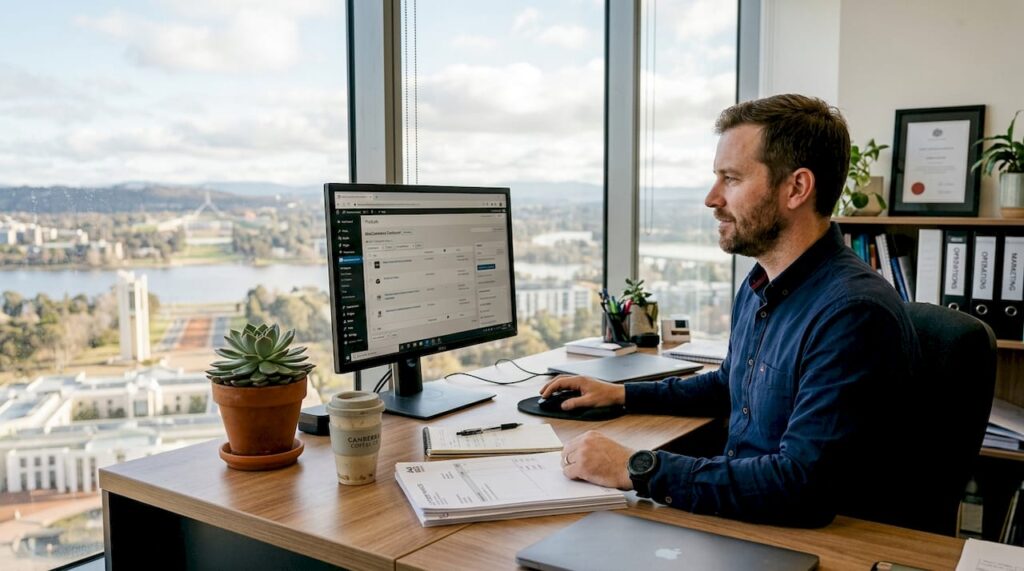 Canberra business owner setting up WooCommerce on office computer