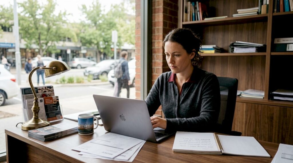 Small business owner working at desk in storefront office