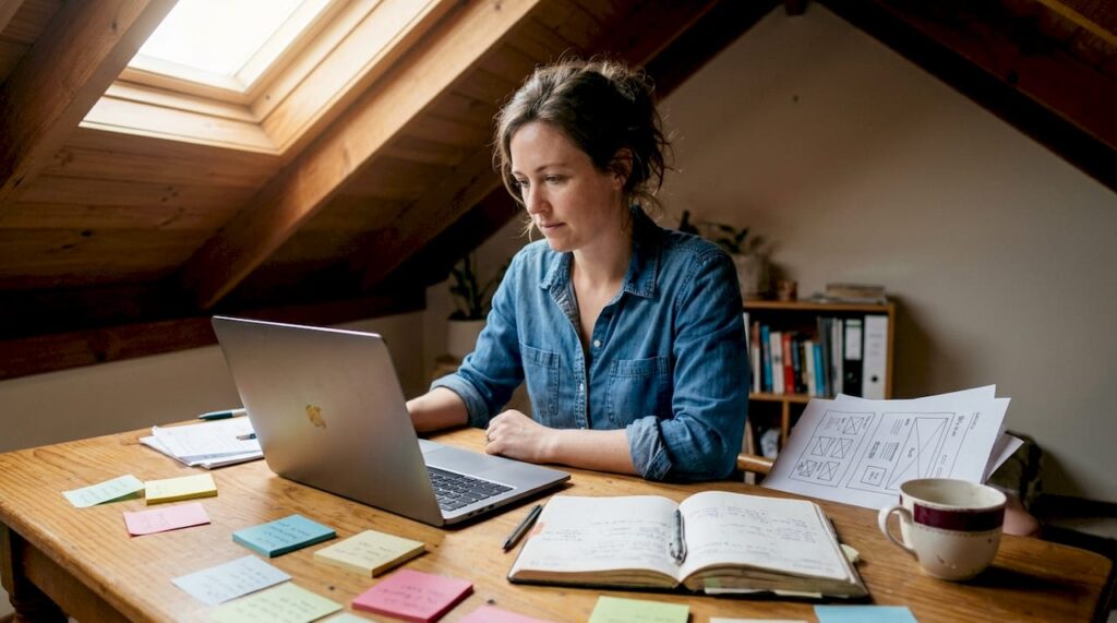 Small business owner reviews website on laptop