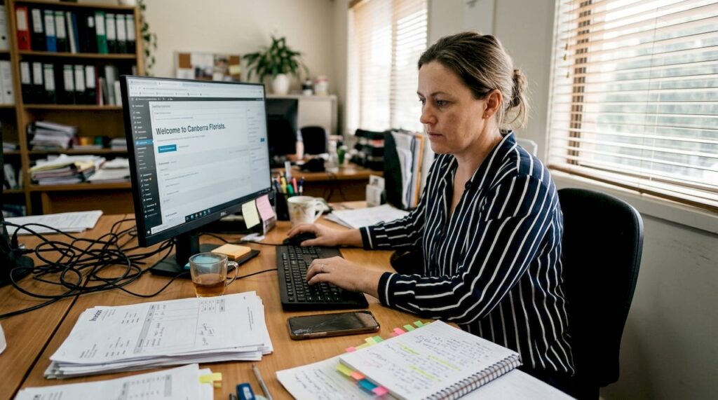 Business owner updating website in office