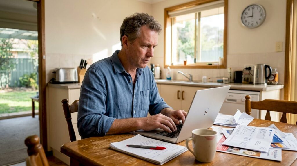 Small business owner at kitchen table on laptop