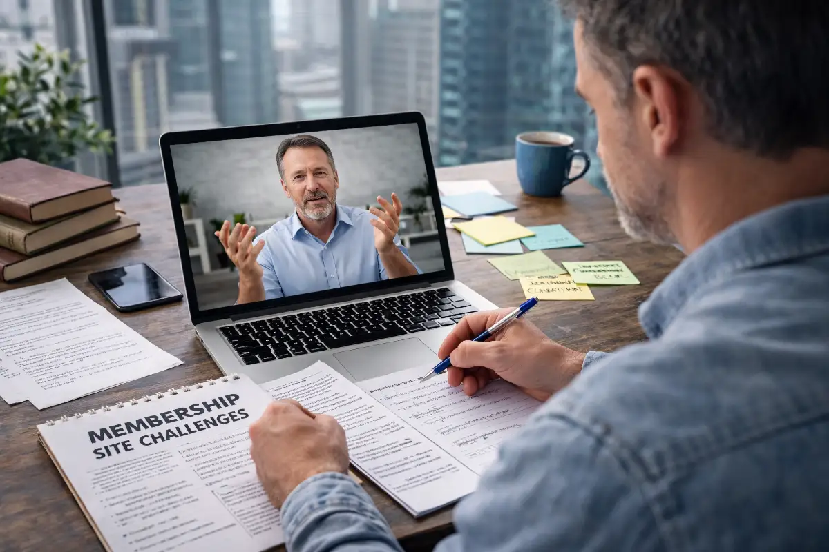 a membership site owner on a video call. Membership site problems are common. Learn what causes them and how strategy and technology can help fix them.