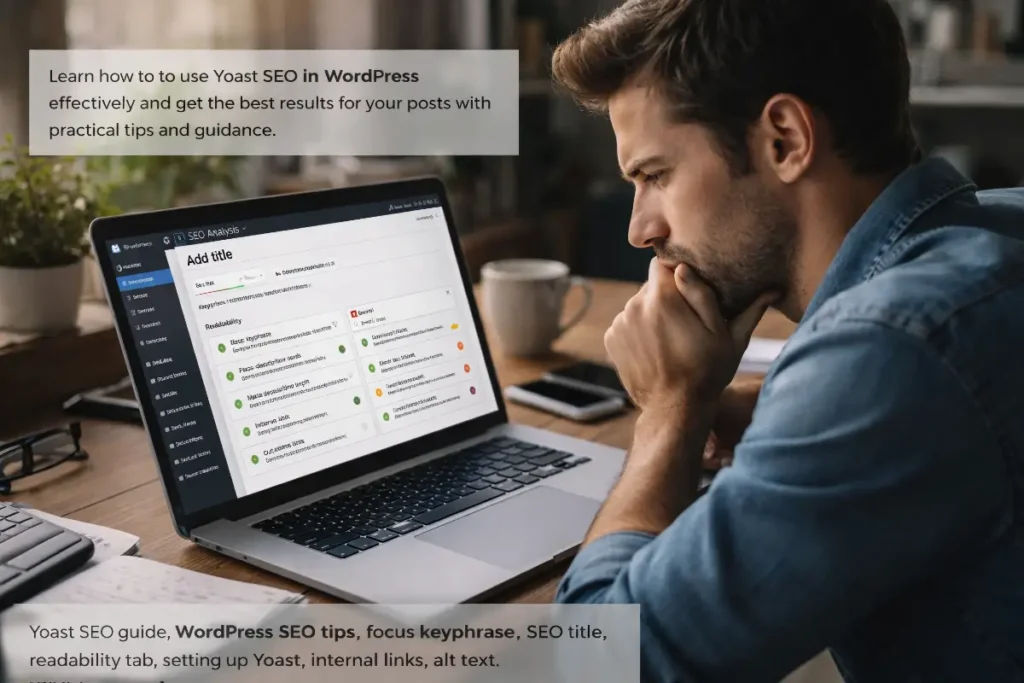Person reviewing Yoast SEO settings in the WordPress editor on a laptop while refining a blog post for better search performance.