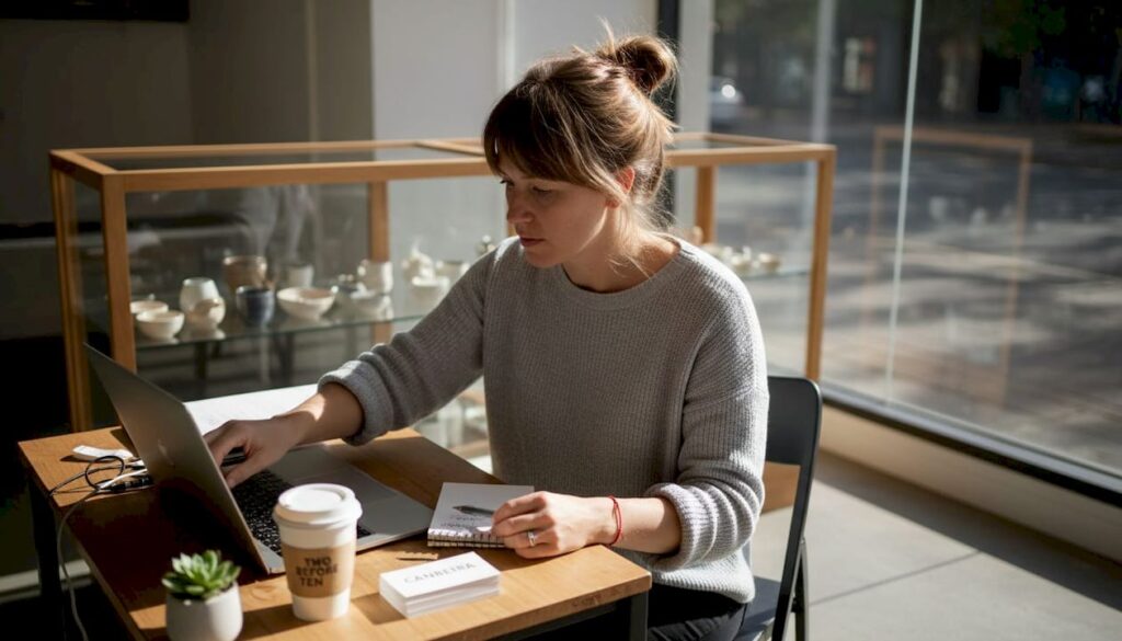 Canberra business owner working at small office desk