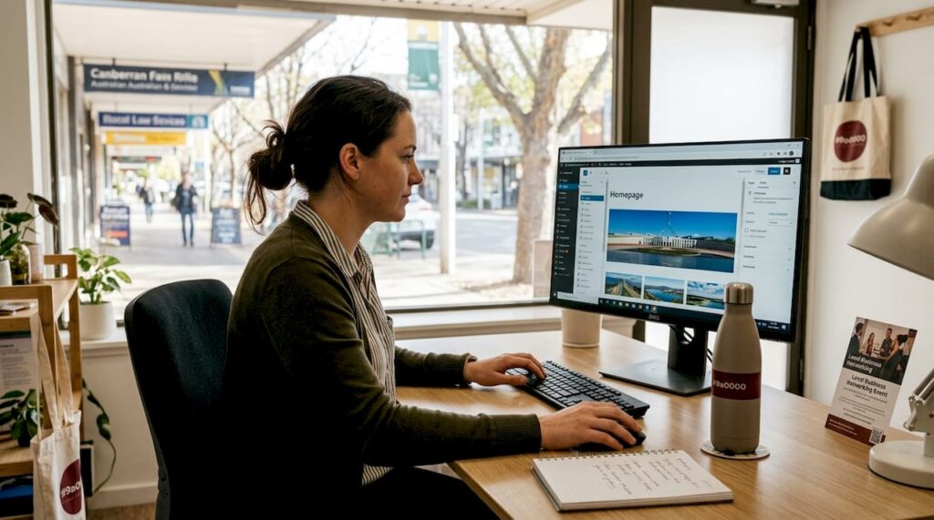 Canberra business owner updating website at desk