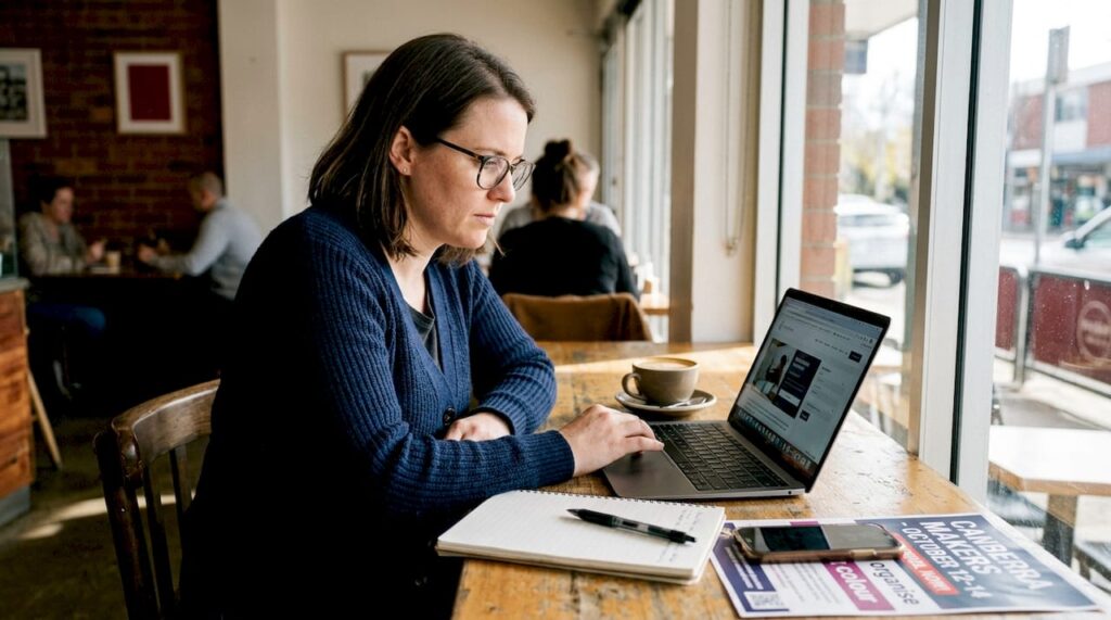 Small business owner reviewing website in café
