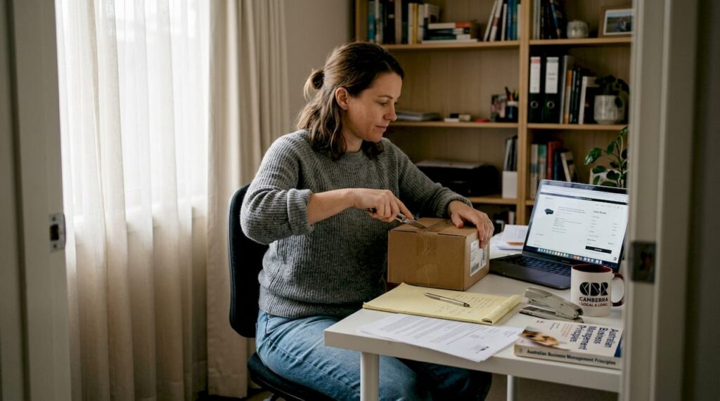 Woman setting up e-commerce workspace