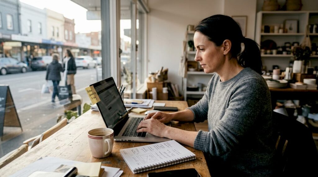Shop owner updating website at office desk