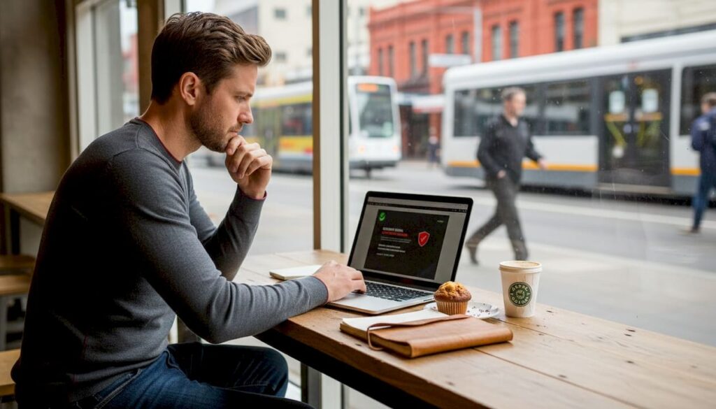 Small business owner checks website security in Canberra café