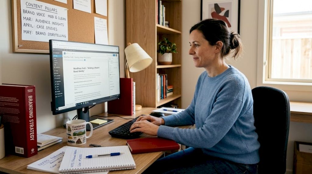 Woman planning WordPress content strategy at desk