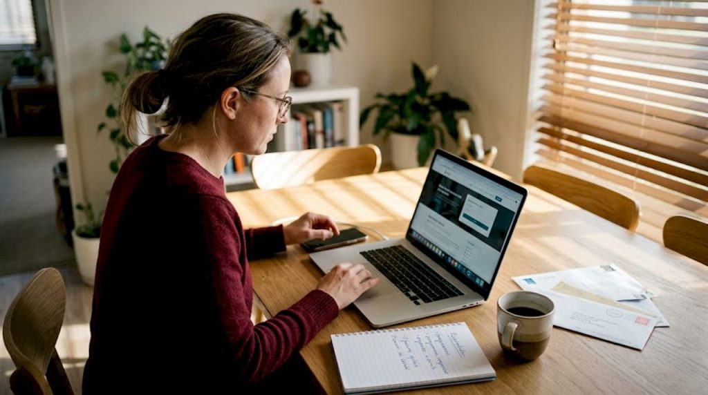 Small business owner checks website at dining table