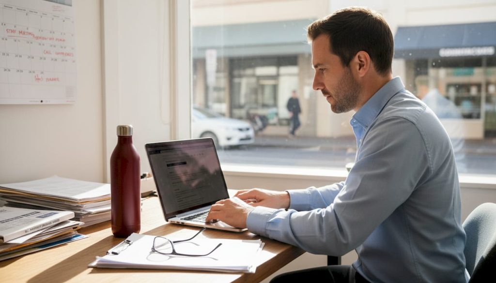 Small business owner reviewing website dashboard