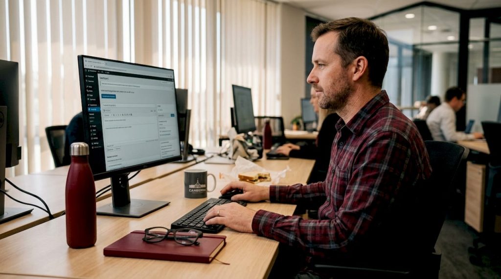 Canberra business owner updating website in office
