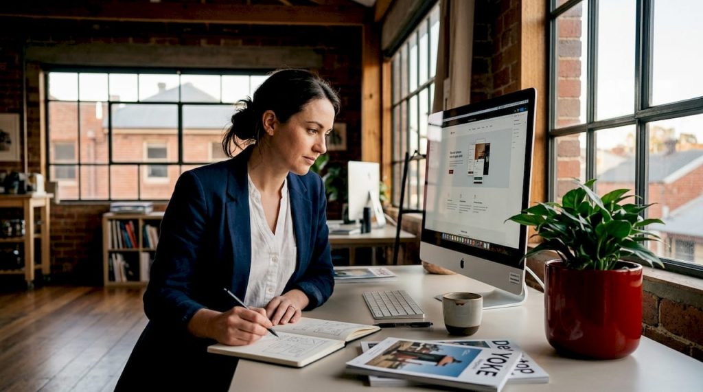 Web designer working at sunny studio desk in Queanbeyan