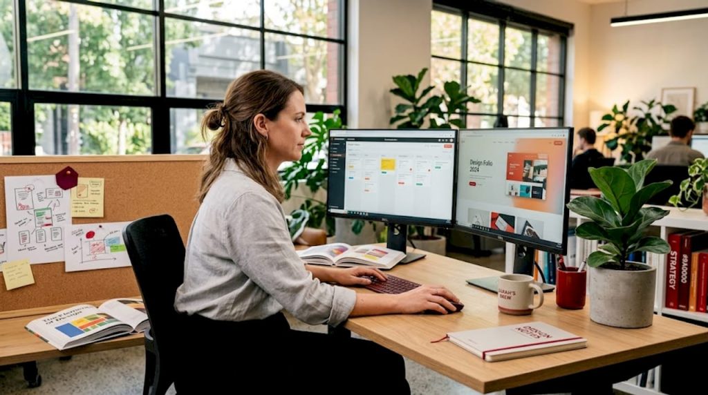 Web designer working at double-monitor desk with city view