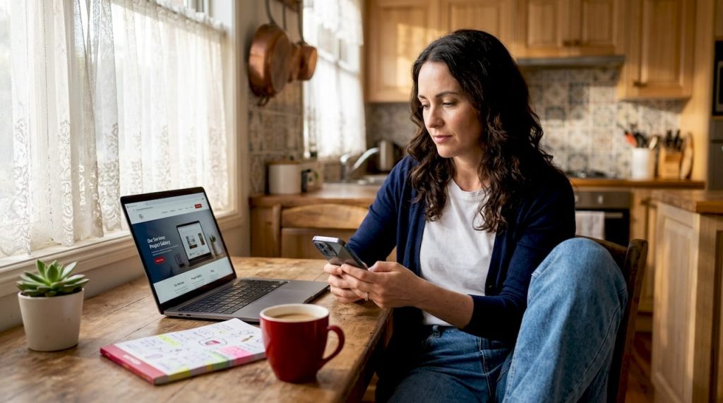 Business owner checking website on phone