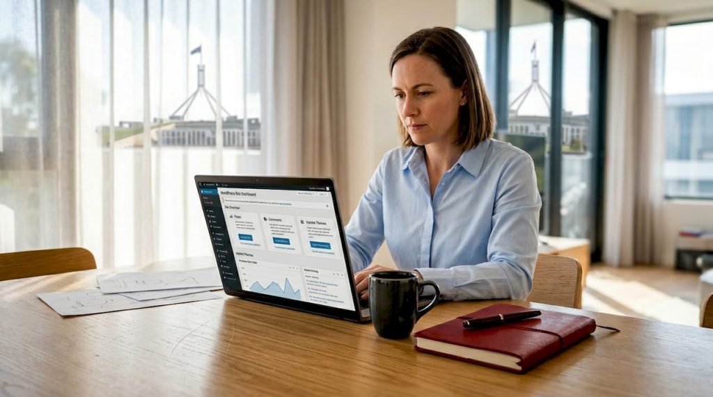 Web designer working at Canberra home office table