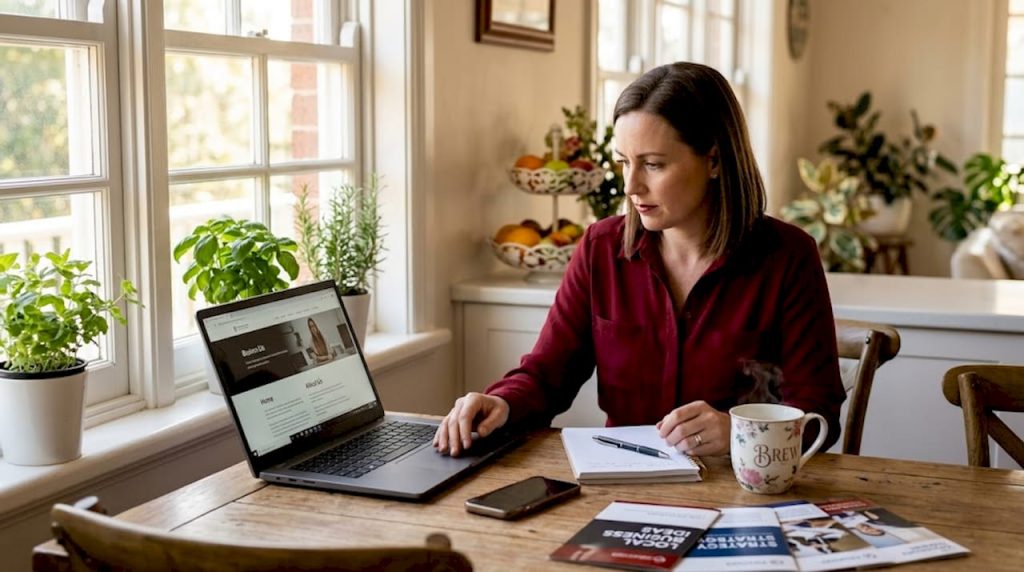 Business owner reviews website at kitchen table