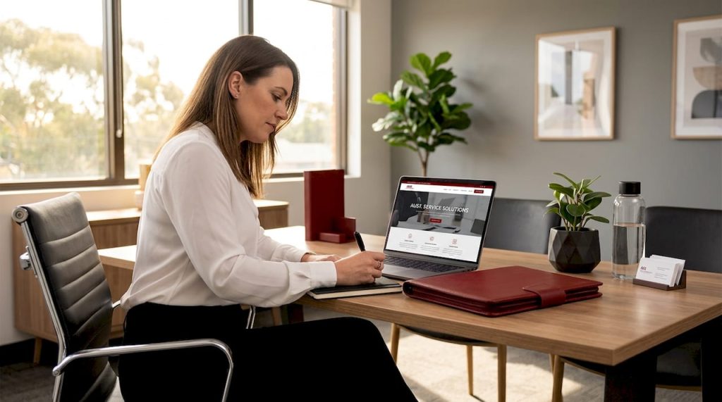 Business owner reviewing website homepage